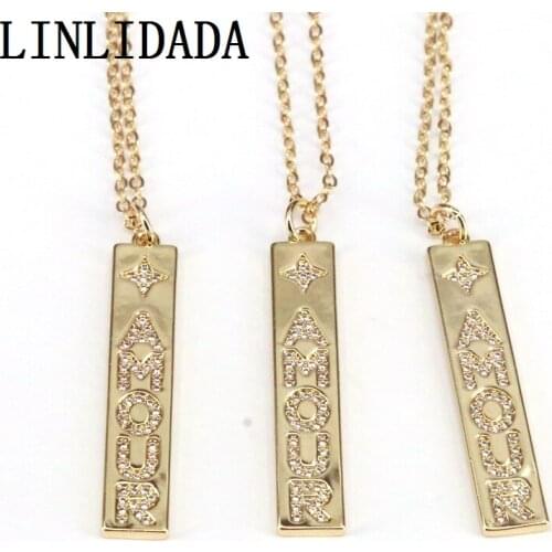 10Pcs, Amour Letters Pendant Women CZ Zircon Pendant Necklace Gold Color Chain Necklace For Jewelry Gift