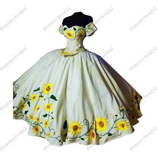 2021 Modest Yellow Sunflower Embroidery Off the shoulder Ball Gown Cheap Quinceanera Prom Dress Charro Satin with Sleeves Corset