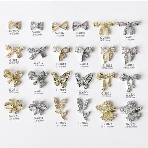 3PCS, Nail Art Dedicate Bows butterflys Zircon Pearls Rhinestones With Gold Silver Alloy For Nail Tips Decorations