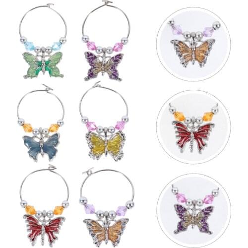 6Pcs Butterflies Glass Tag Rings Alloy Glass Rings Party Glass Markers