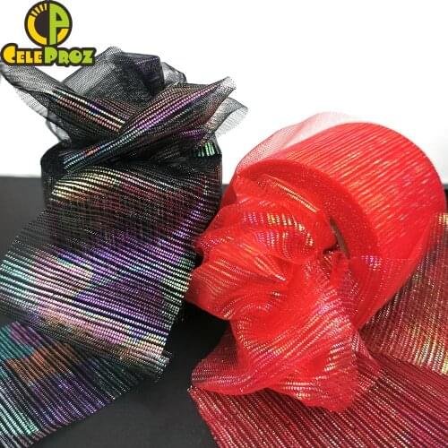 6cm 25Yards Iridescent Striped Tulle Mesh Fabric DIY Illusory Gauze Tutu Skirt Bow Hairbands Clips Wedding Birthday Decoration