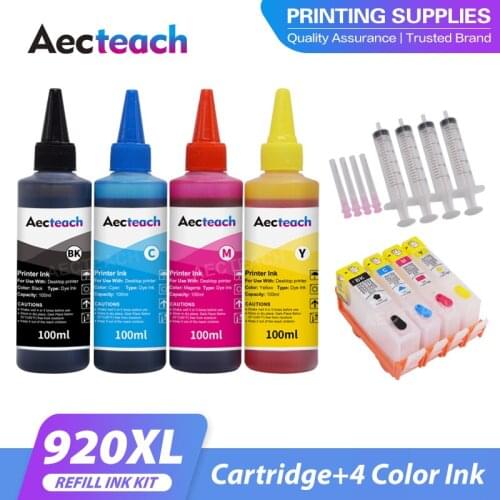 Aecteach new 400ml Bottle Ink For HP 920 Refillable Ink Cartridges 4PCS For HP 920xl Officejet 6000 6500 6500A 7000 7500 7500A