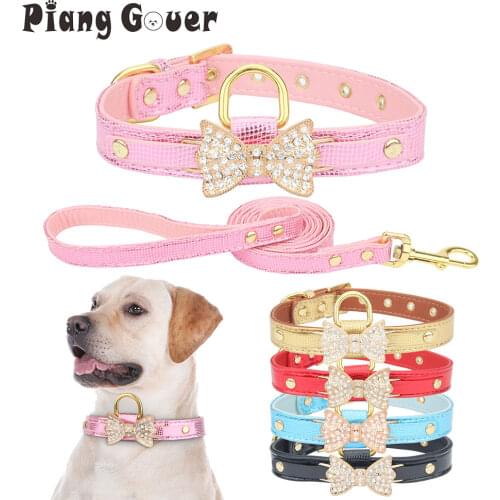 Bow Rhinestone PU Dog Collares Pet Supplies Artificial Diamond Bowknot Dog Leashes