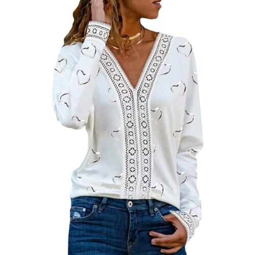 Fashion Lace Stitching Office Lady Elegant Blouses Tops Heart-Shaped Print White Long Sleeve Sexy V Neck Loose Female Pullover