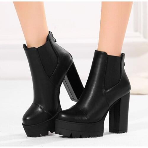Platform Boots Back Zip Round Toe Boots Women High Quality Chunky Heels Autumn Winter Ankle Boots Women Shoes Black Gray