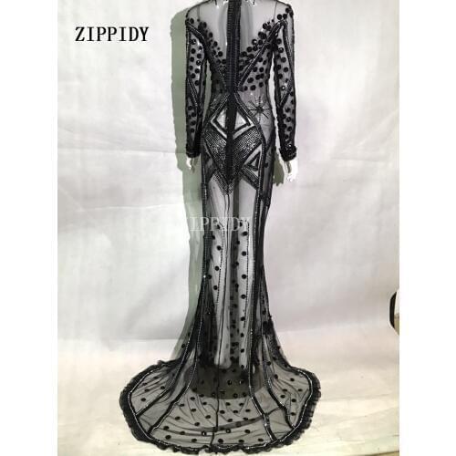 Black Perspective Rhinestone Long Dress Sexy Lady Birthday Party Costume Women Celebrate Performance Dresses