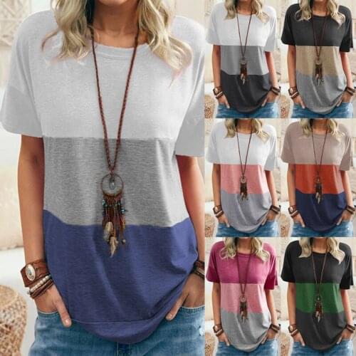 Women Short Sleeves T Shirts Patchwork O Neck Printed Blouse Summer Fashion Casual Tops Cotton Polyester Womans Fashion