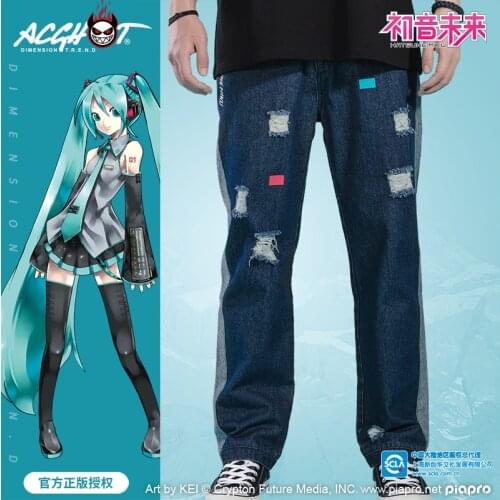 New Japanese Anime Miku Fashion Denim Ripped Holes Jean Loose Trouser Cartoon Casual Streetwear Vocaloid Cosplay Women Men Pants