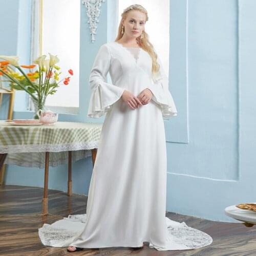 Elegant Evening Dress White Empire Pleat Full Sleeves Floor-Length Simple Zipper Back V-Neck Plus Size Women Formal Gowns D1054