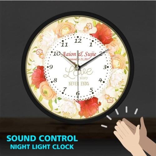 True Love Story Never Ends Custom Name Married Date Metal Frame LED Wall Clock Sound Control Personalized Wedding Gift Home Deco