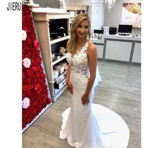 JIERUIZE Latest Boho Mermaid Wedding Dresses Scoop Neck Button Back Lace Appliques Illusion Bridal Gowns vestido de noiva