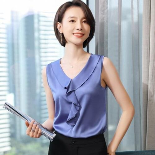 Korean Silk Women Blouses Tops Women Satin Tops Woman Sleeveless Silk Blouse Top Woman V Neck Ruffles Shirts Satin Top Plus Size