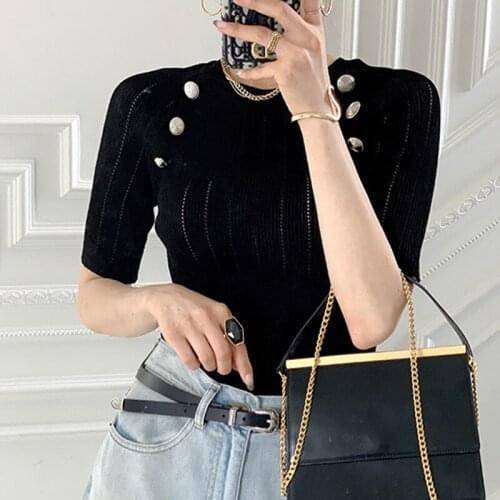 Korea Chic Niche Temperament Round Neck Metal Button Decoration Slim Slimming Pullover Short-Sleeved Bottoming Sweater Women