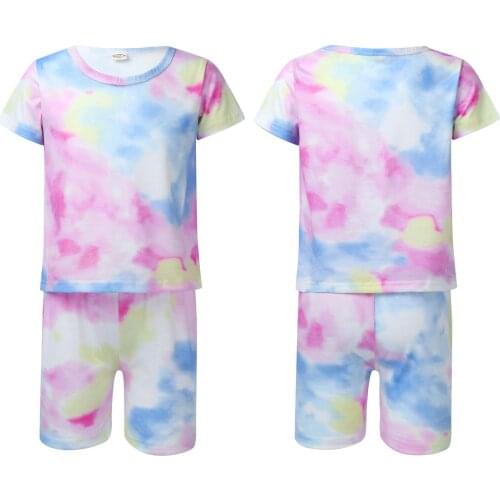 Summer Suit for Girls Kids Tie Dye Print Sportswear Short Sleeves T-shirt and Shorts Set for Running Exercise Sport Casual Wear