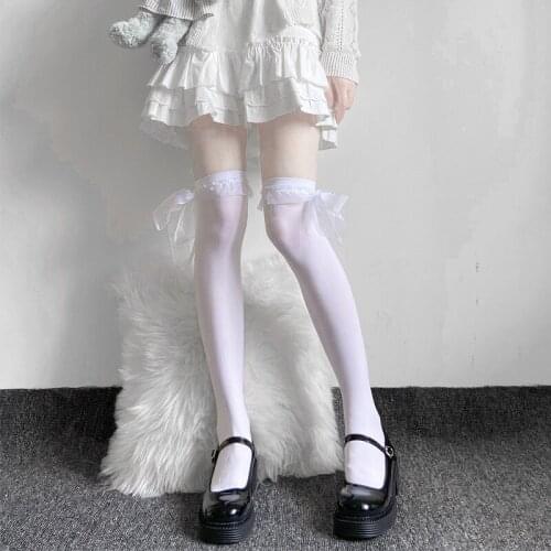 Ins Trend Japanese Lolita Knee Bow Ribbon White Black Leg Stockings Fashion JK Soft Girl Anime Cosplay Hosiery Sexy Costumes