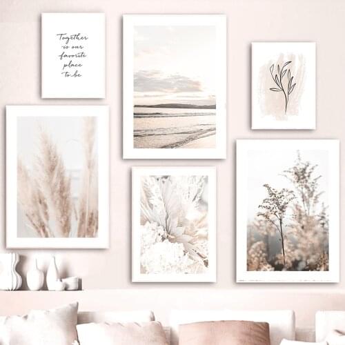Beige Beach Reed Flower Line Leaf Wall Art Canvas Painting Nordic Posters And Prints Wall Pictures For Living Room Home Decor