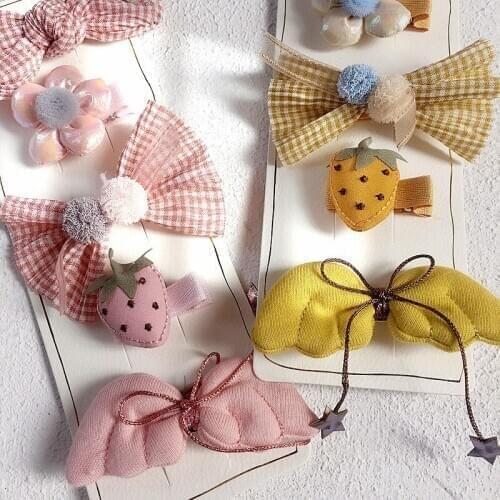 2020 Spring And Summer New Small Lattice Hair Accessories Japanese Strawberry Bow Hair Clip Five-piece Set