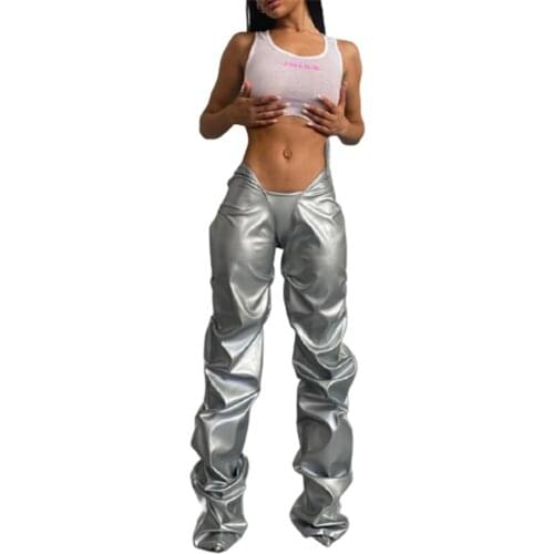 FiiShiMi Power Fall Clothing Solid Faux PU Leather Shiny Bottom Irregular Shape Folds Elastic Waist Pant Women