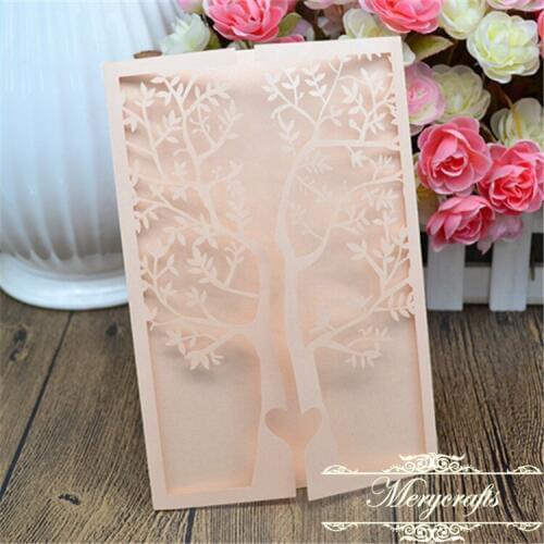 Simple handmade design laser cut peach engagement tree wedding invitation