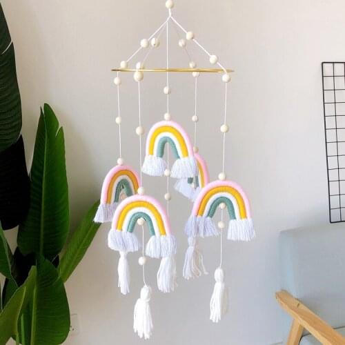 Rainbow Hanging Ornament for Kids Room Decor Boho Wooden Pendant Cotton Rope Tassel Macrame Baby Bed Tent DIY Handmade Hang Toy