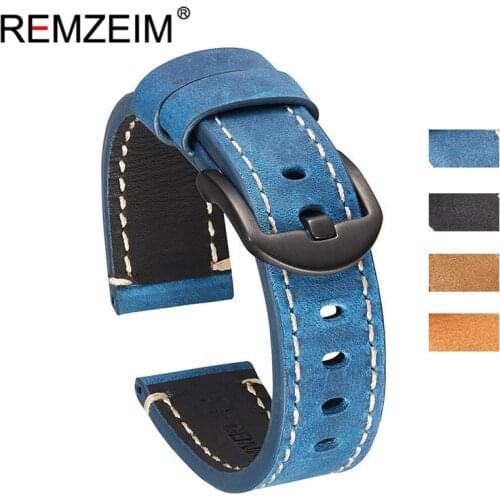 REMZEIM Crazy Horse Leather Watch Band 20MM 22MM 24MM Stainless Steel Buckle Men Women Replace Band Watch Accessories Blue