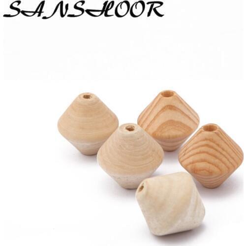 SANSHOOR 23mm Double Cone Natural Wooden Beads Geometric Smooth Raw Bead Fit Diy Pendant Necklace Bracelets As Women Gift 30pcs