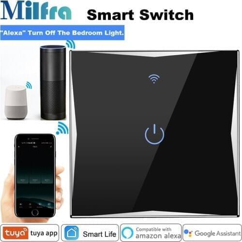 Milfra Wifi Smart Switch Neutral Wire Required Glass Touch Voice Phone Control EU Wall Switches for Google Alexa Tuya Smart Life