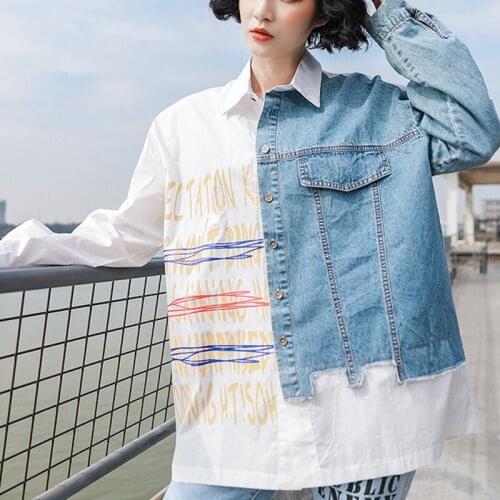 Streetwear Autumn New Female Oversized Shirts Fashion Chic Splicing Letter Print Lapel Single-Breasted Loose Jean Jackets
