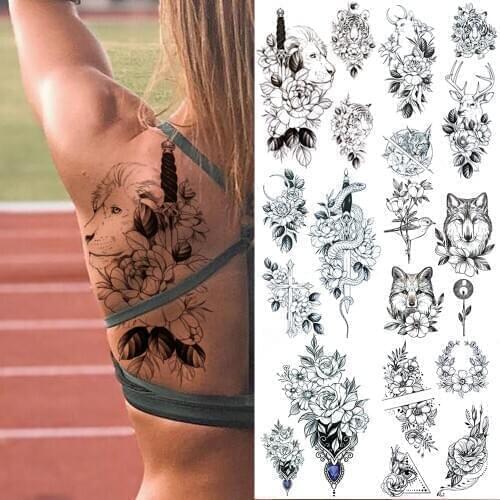 3D Lion Sword Temporary Tattoos For Women Adult Realistic Reindeer Tattos Wolf Snake Flower Flora Fake Tattoo Sticker Back Hand