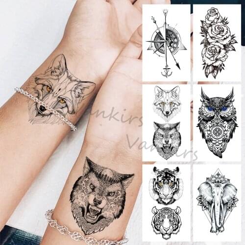Black Fox Wolf Temporary Tattoos For Women Girls Realistic Compass Owl Tiger Elephant Dahlia Fake Tattoo Sticker Arm Leg Tatoos