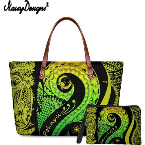 Noisydesigns New Large Capacity 2pcs Women Shoulder Bag And Wallets Polynesian Pohnpei Tribe Print Ladies Totes Women Shop Bag