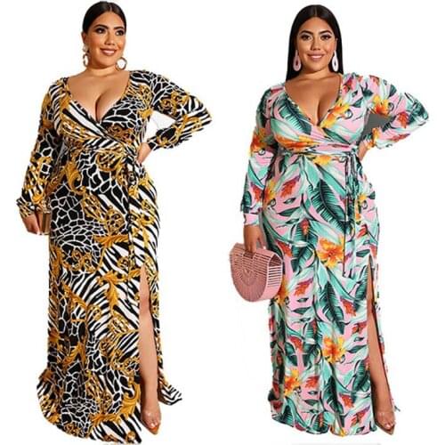 Plus Size Womens Dress 2021Summer New Fashion V-Neck Belted Print Dress Fat MM Side Split Long Dress Beach Holiday Elegant Dres