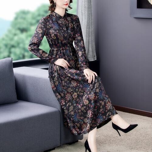 2021 Winter Print Thickening Warm Dress Autumn Vintage 4XL Plus Size Floral Silk Midi Dress Women Elegant Bodycon Party Vestidos