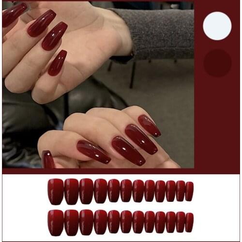 24Pcs Charming Fake Nails Wine Red Square Head DIY Slider Full Cover Nail Tips Long Paragraph Artificial Flase Nails With Glue