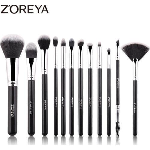 Zoreya Brand Comfortable Synthetic Hair Profession Black Makeup brushes Powder Foundation Blush Small Fan 12Pcs Make Up Set