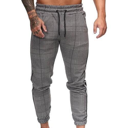 Casual Pants Men Casual Pocket Stripe Plaid Print Drawstring Long Pants Ankle-Tied Trousers