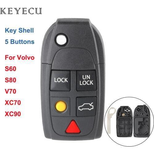 Keyecu Flip Remote Key Case 5 Buttons Replacement Car Key Shell for VOLVO S60 S80 V70 XC70 XC90