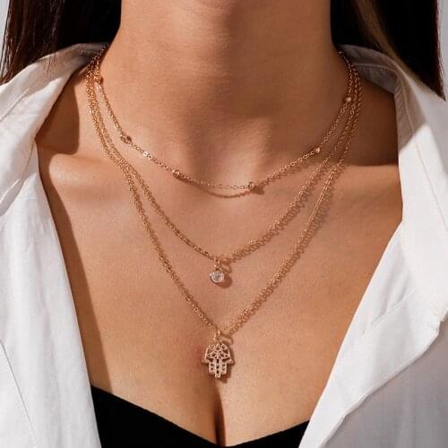 Ethnic Multilayer Fatima Hand Pendants Necklaces Creative Crystal Water Drop Necklaces for Women Jewelry Girls Lucky Collares