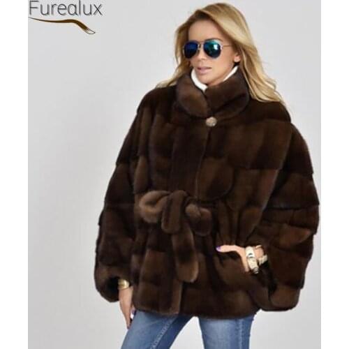FUREALUX Fashion Authentic Real Mink Fur Coat Stand-collar Bat Shirt Winter Thick Warmth Solid Color Womens Handmade Fur Cloak