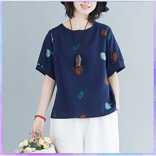 Floral Print Oversized Cotton Linen T-Shirt Womens Tee Shirt Ladies Summer Tops Elegant Short-Sleeve T-Shirts Blusas Ropa Mujer