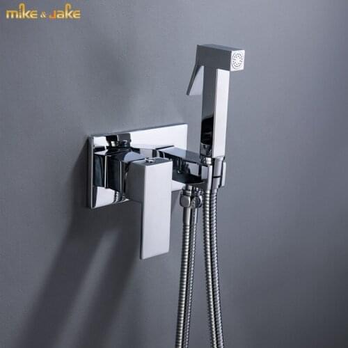 Chrome Solid Brass Toilet Bidet Sprayer wall shower Hot And Cold Bathroom Douche Kit Square Shattaf Shower Faucet mixer tap