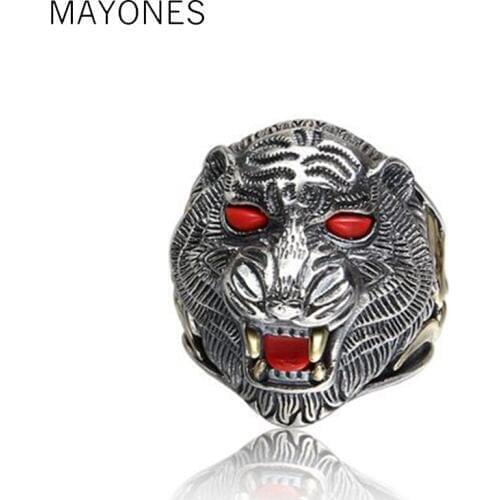 Tiger Ring 100% Real 925 sterling silver Jewelry Animal King Inlaid Stones Adjustable Ring Men Natural stone Jewelry 2019