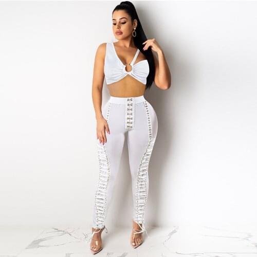 Black White Sexy Two Pieces Set for Women Ruched Sleeveless Irregular Collar Crop Top+cross Drawstring Long Pant Clubwear Outfit