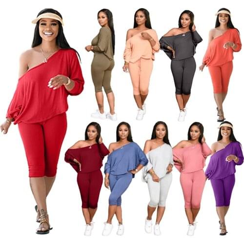 42H1533 Autumn Winter Women Casual Home Solid Loose Oblique Shoulder Two Piece Set Top and Pants Tracksuit Sweatsuit Outfits