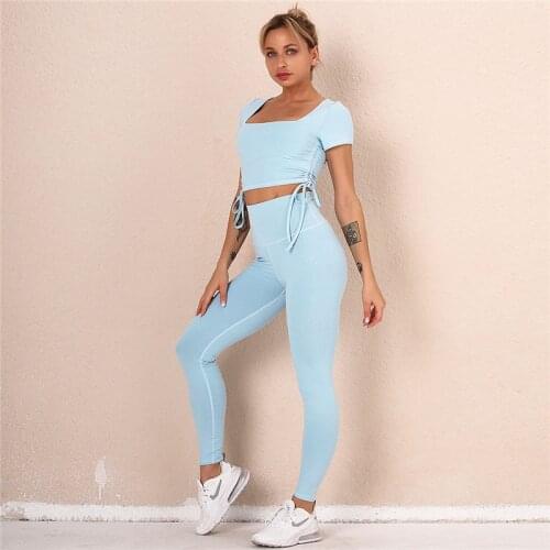 2 Pieces Seamless Women Set Workout Sports Gym Clothing Fitness Short Sleeve Drawstring Tops High Waist Leggings Sports Suits