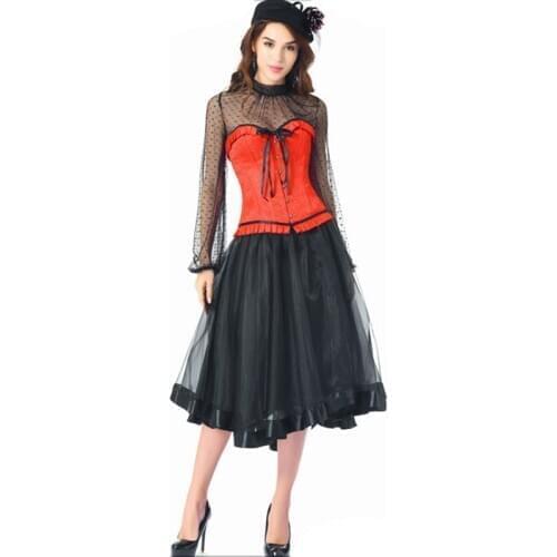 Red & Black Vintage Bustier Set Women Overbust Corset With Skirt Victorian Steampunk Dress Sexy Gothic Outfit Burlesque Clothing