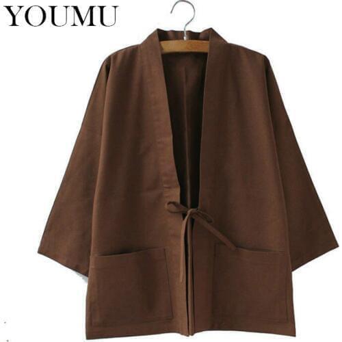 Women Cotton Linen Japan Style Coat Pockets 3/4 Sleeve Yukata Kimono 5 Colors Belt Jacket Streetwear Fashion New 912-407