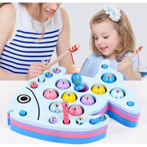 Magnetic Fishing Toys Children Multifunctional Fishing Insect Catching Wooden Toy Bath Toy Puzzle Game Gift