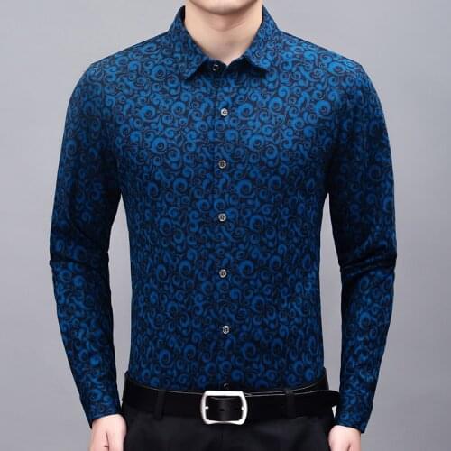 Mens Silk Shirts Royal Blue Business Burgundy Fashion Dress Shirts Mens Shirts Flowers Mens Office Dress High Quality 2019 Fall
