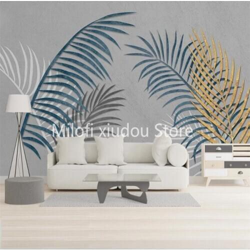 Customized 3D Mural Wallpaper Nordic Minimalist Lines Tropical Leaves Golden Leaves Background Wall Decorative Painting Wallpape